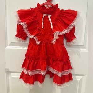 Rare Vintage Victorian Red Ruffle Lace Dress by Little Precious, Made‎ In USA